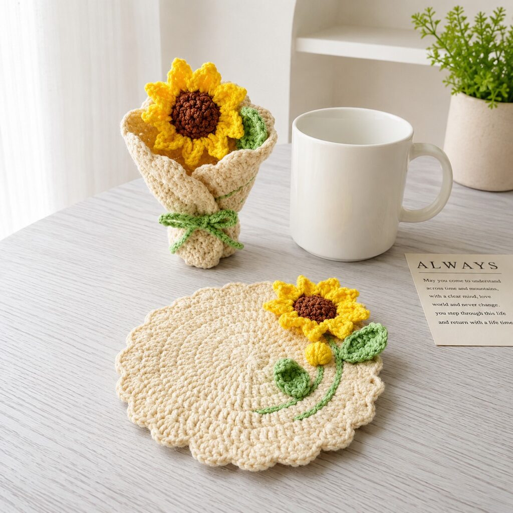 crochet sunflower coaster and mini bouquet pattern